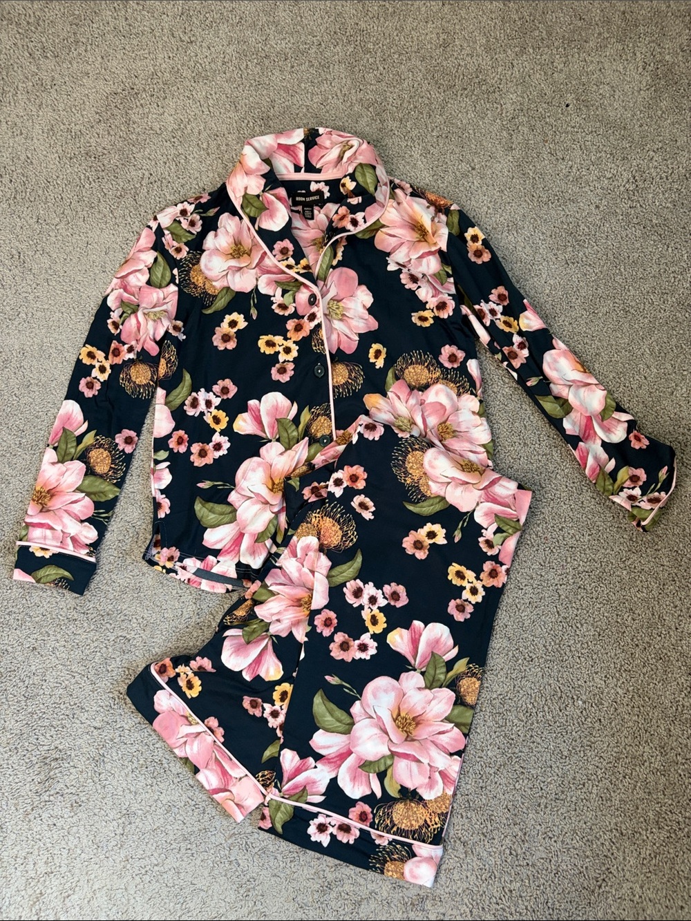 Room Service Dark Floral Pajamas Sleep Loungewear Set Pink Black XS Pockets